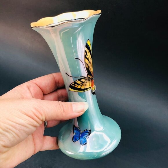 Art Deco Era Noritake Morimura Bud Vase Turquoise Peach Lustreware Butterflies - Picture 7 of 13